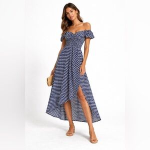 Tiare Hawaii Smocked Off Shoulder Midi Dress Blue White Boho Dress Flowy OS
